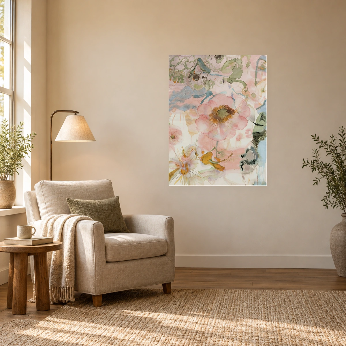Garden Pulse large hand-painted oil painting in a quiet reading space