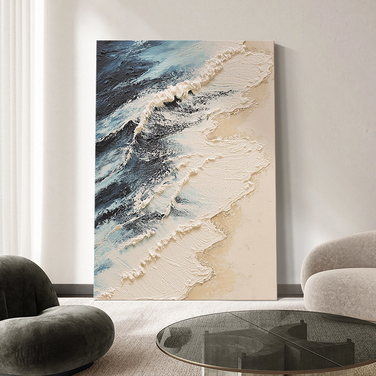 Gentle Tide portrait water landscape displayed unframed in a contemporary living room