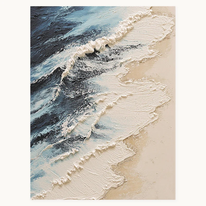 Gentle Tide portrait oil painting with blue-grey water and warm neutral shoreline