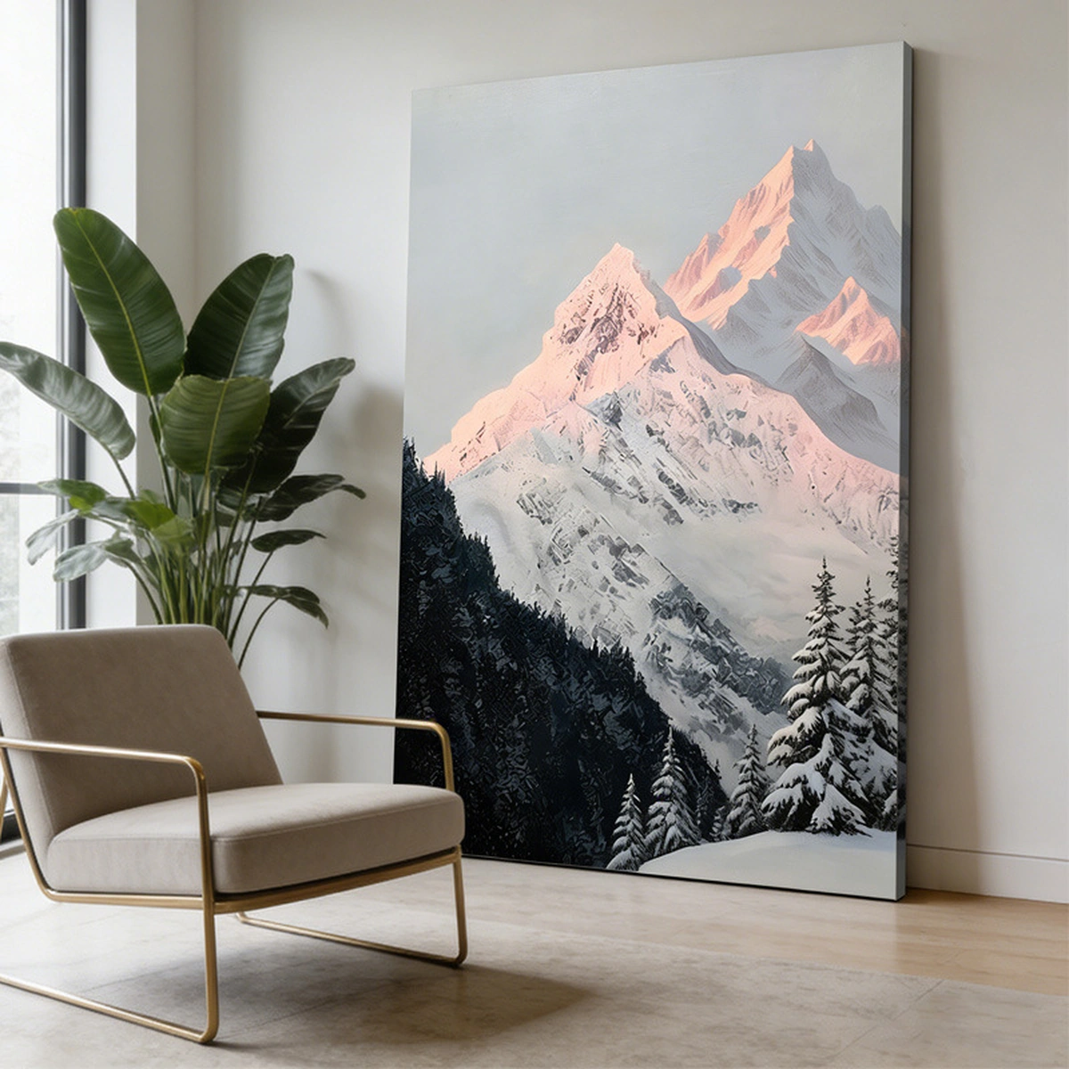 Golden Summit snow mountain landscape displayed unframed in a contemporary living room