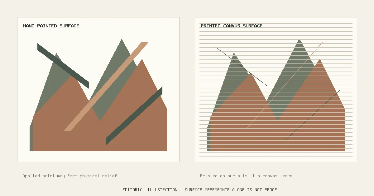 Editorial diagram comparing a hand-painted oil surface with a printed canvas surface