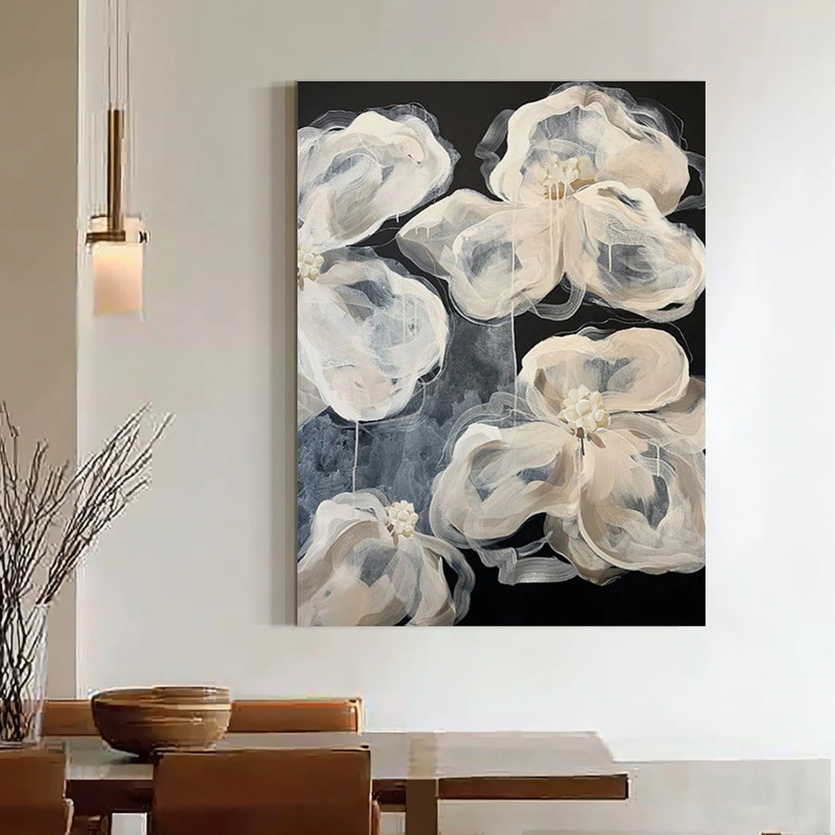 Joyful Stillness botanical abstract oil painting displayed unframed in a dining space
