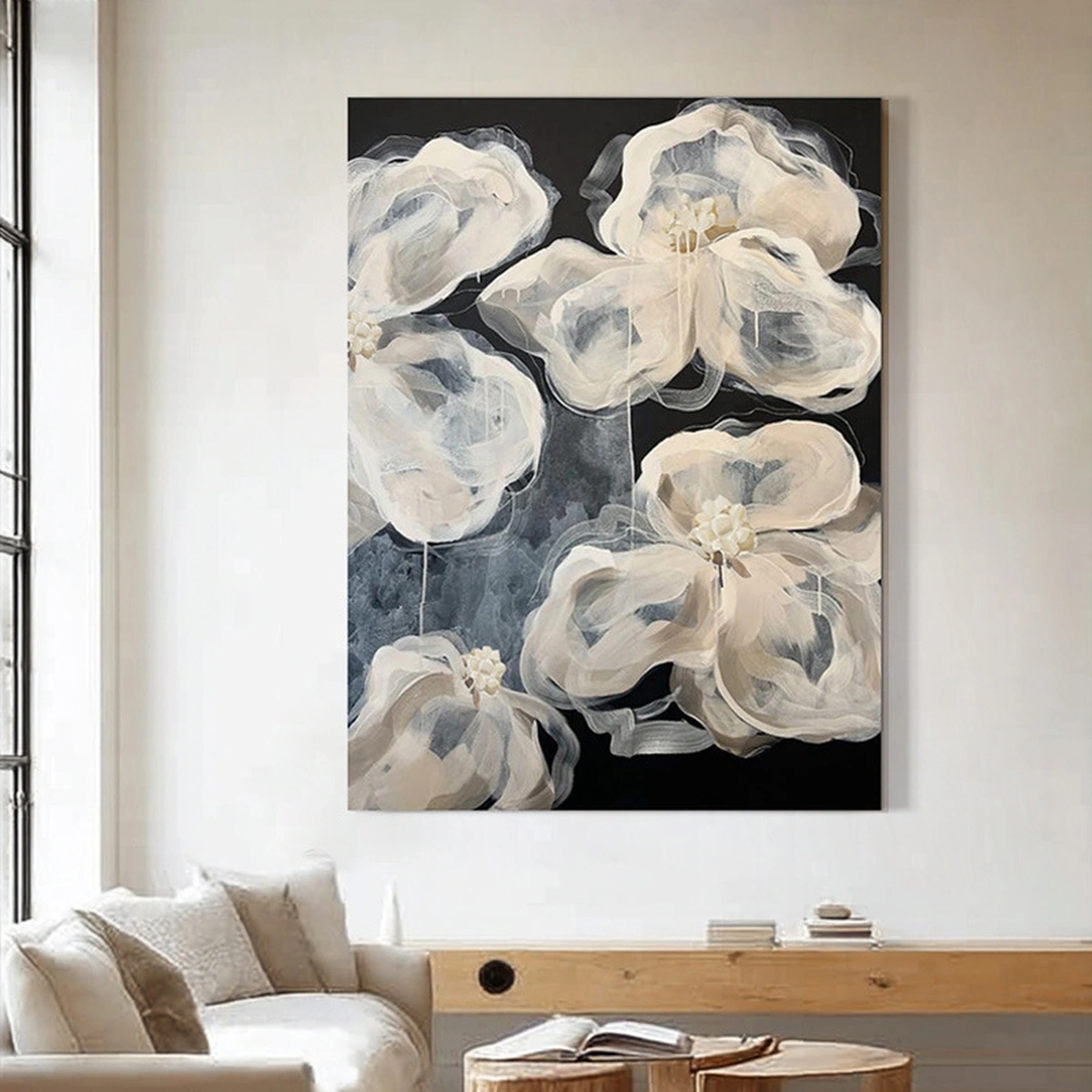 Joyful Stillness botanical abstract oil painting displayed unframed above a neutral sofa