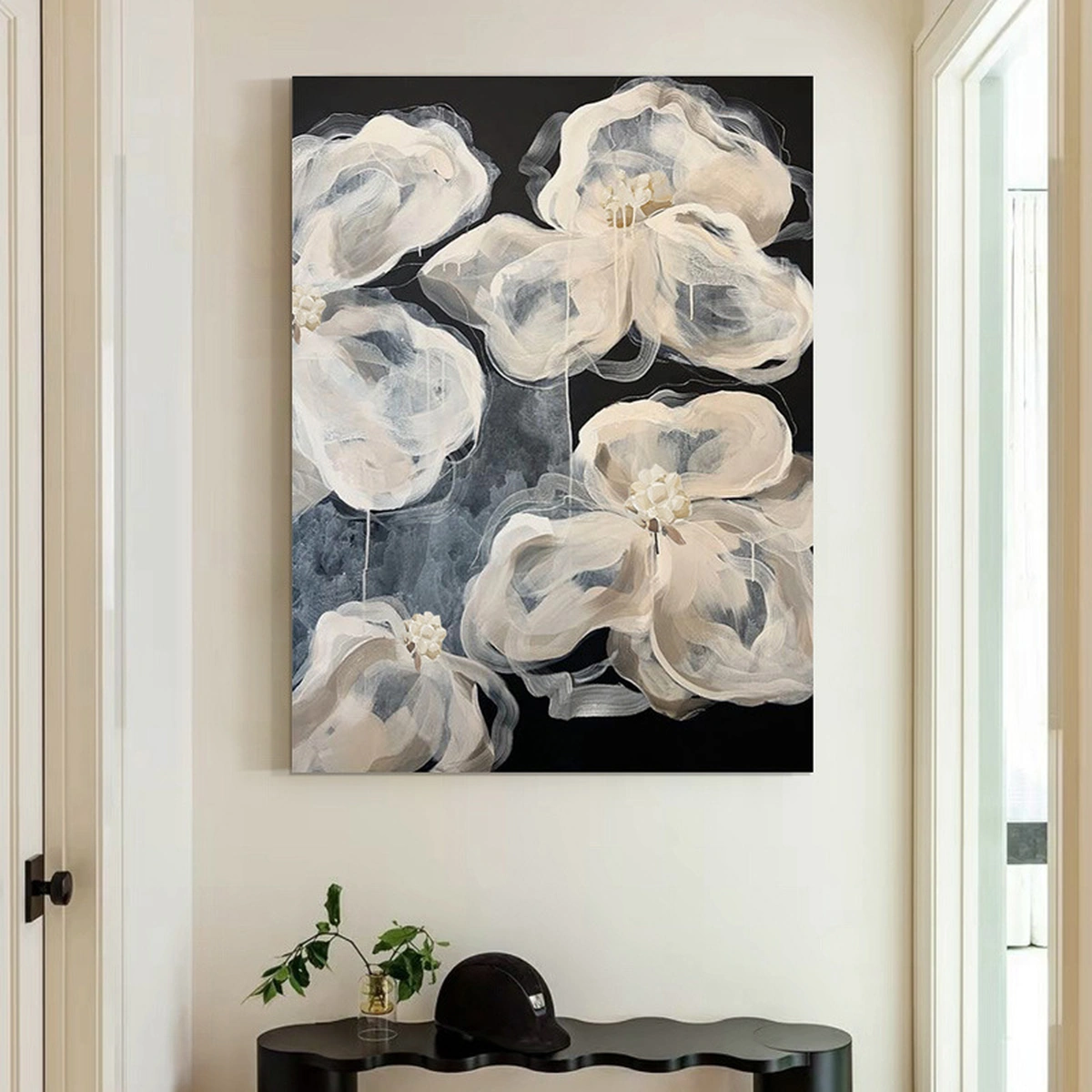 Joyful Stillness botanical abstract oil painting displayed unframed above an entryway console