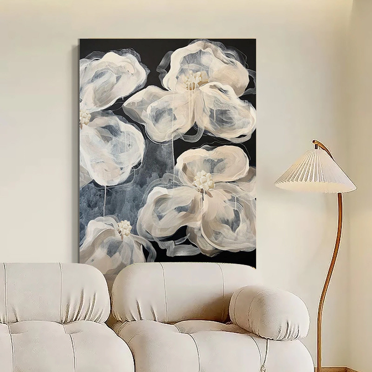 Joyful Stillness botanical abstract oil painting displayed unframed beside a lounge chair