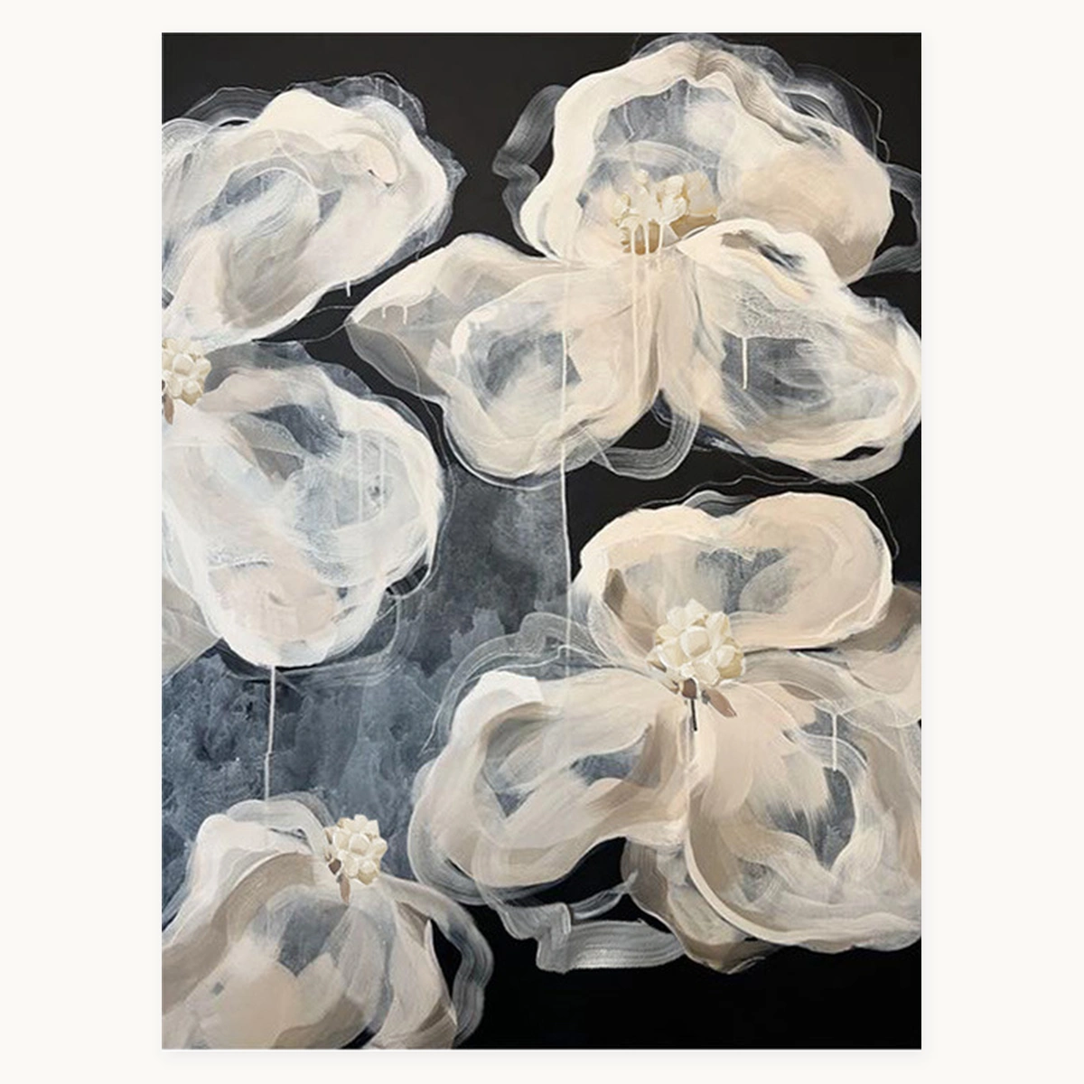 Joyful Stillness portrait botanical abstract oil painting with pale flowers on black