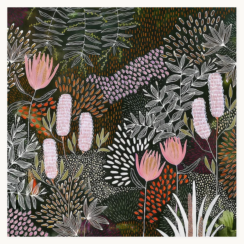 Jungle Veil square botanical oil painting with pale leaves and pink organic forms