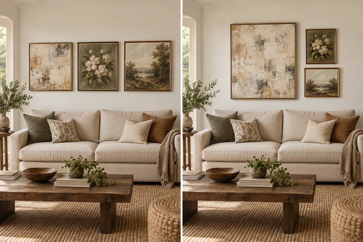 Editorial comparison of a room with competing artworks and a room with one leading artwork and two supporting works