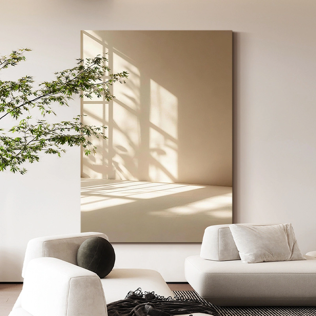 Light Echo light and shadow painting displayed unframed above a white sofa