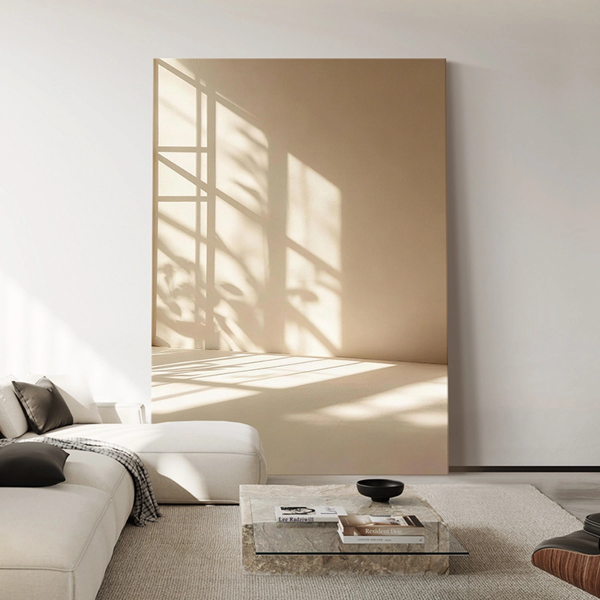Light Echo portrait light and shadow painting displayed unframed in a neutral room