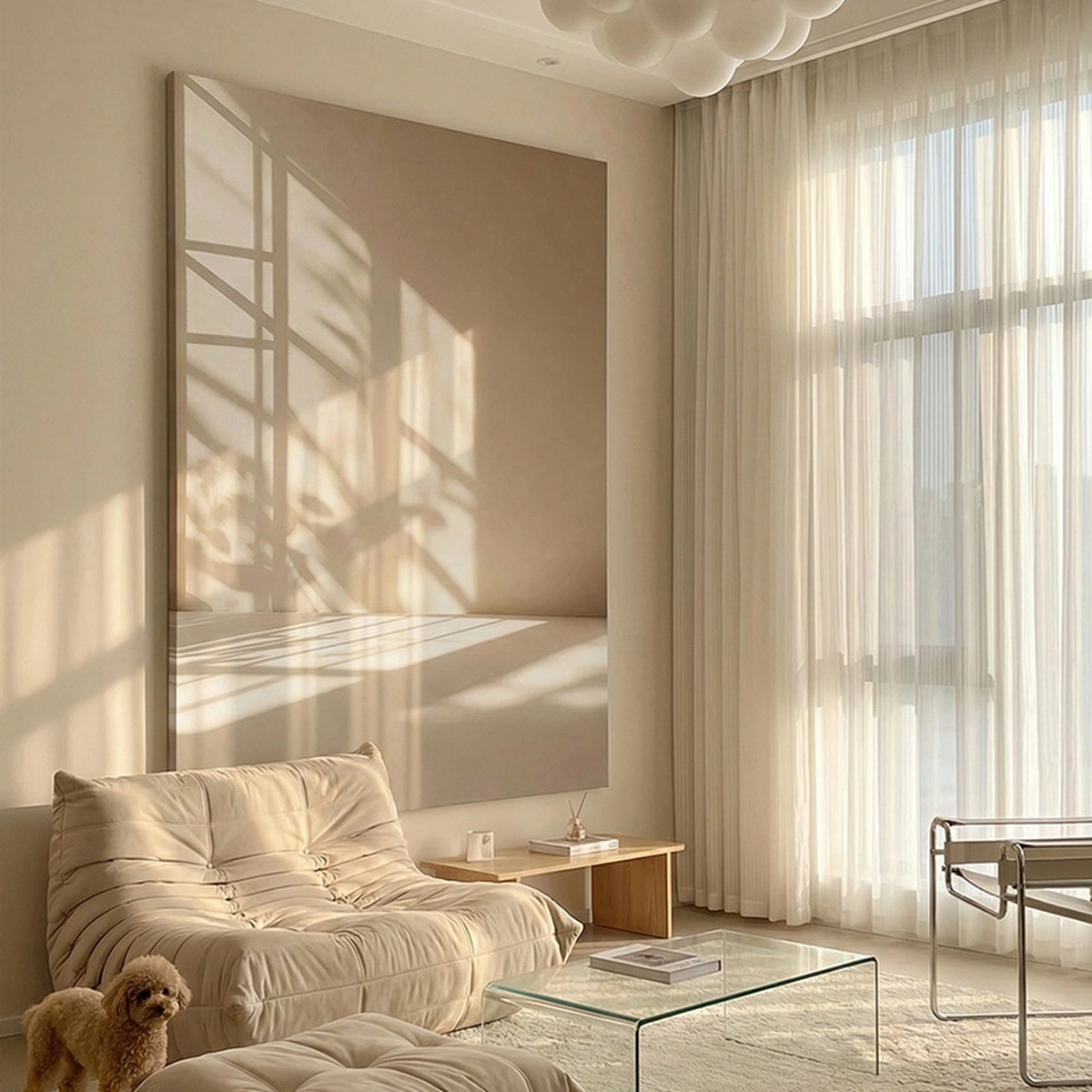 Light Echo modern portrait painting displayed unframed beside a sunlit window