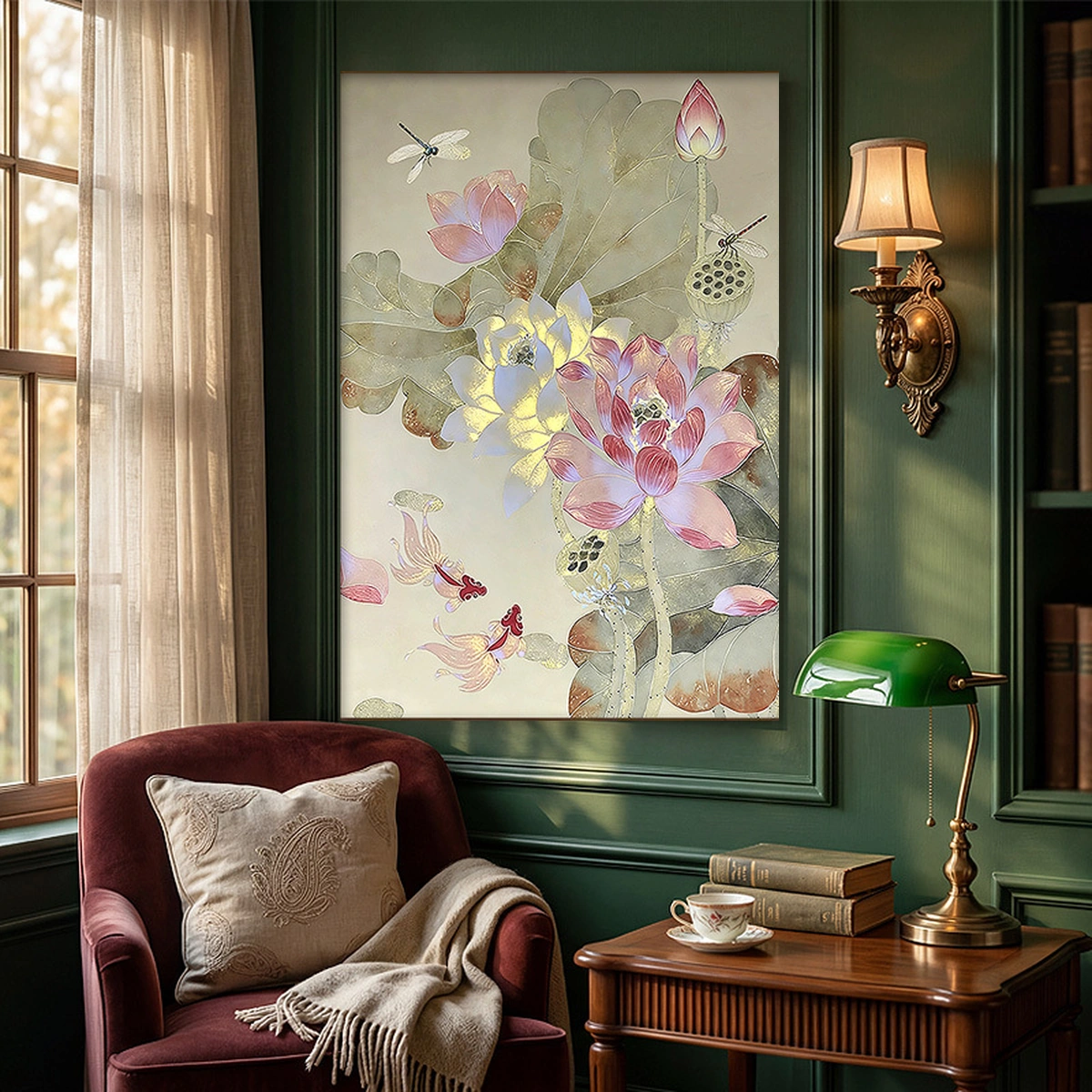 Lotus Harmony Chinese-inspired lotus oil painting displayed unframed above a console table