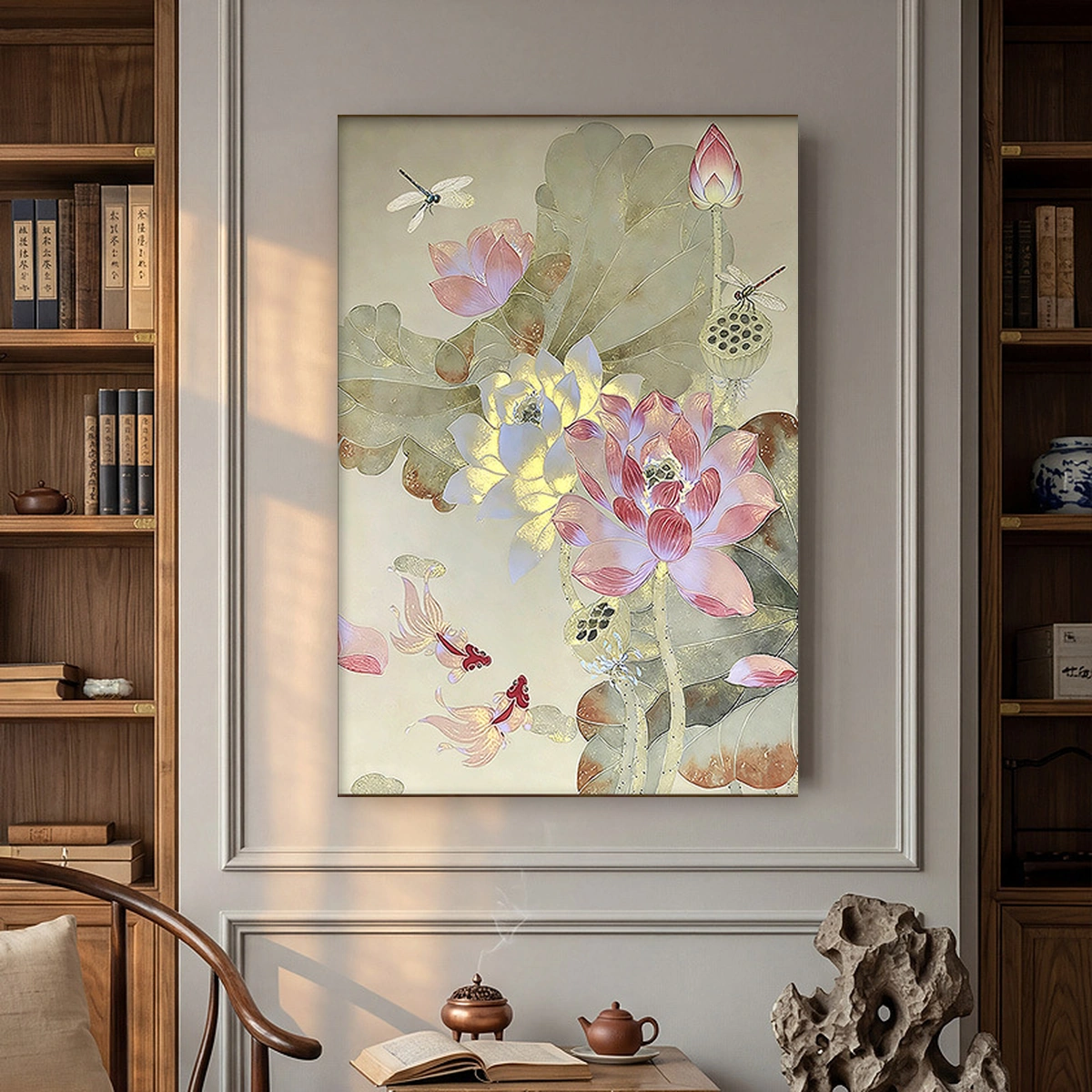 Lotus Harmony Chinese-inspired lotus oil painting displayed unframed above a reading chair