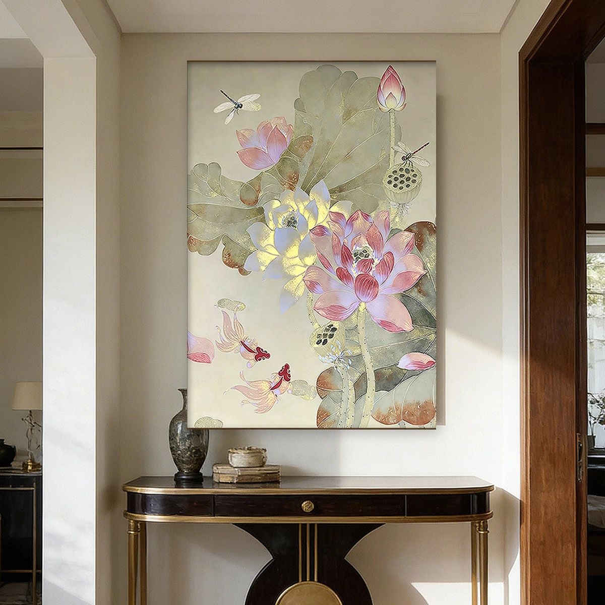 Lotus Harmony Chinese-inspired lotus oil painting displayed unframed in a bright entryway