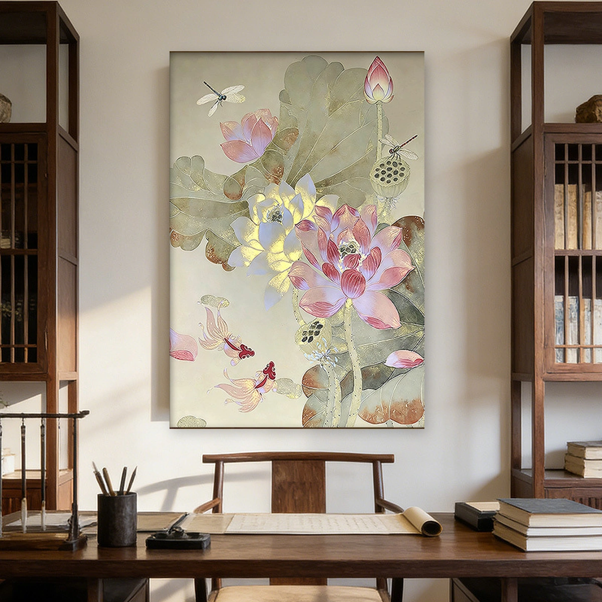 Lotus Harmony Chinese-inspired lotus oil painting displayed unframed above a dining table