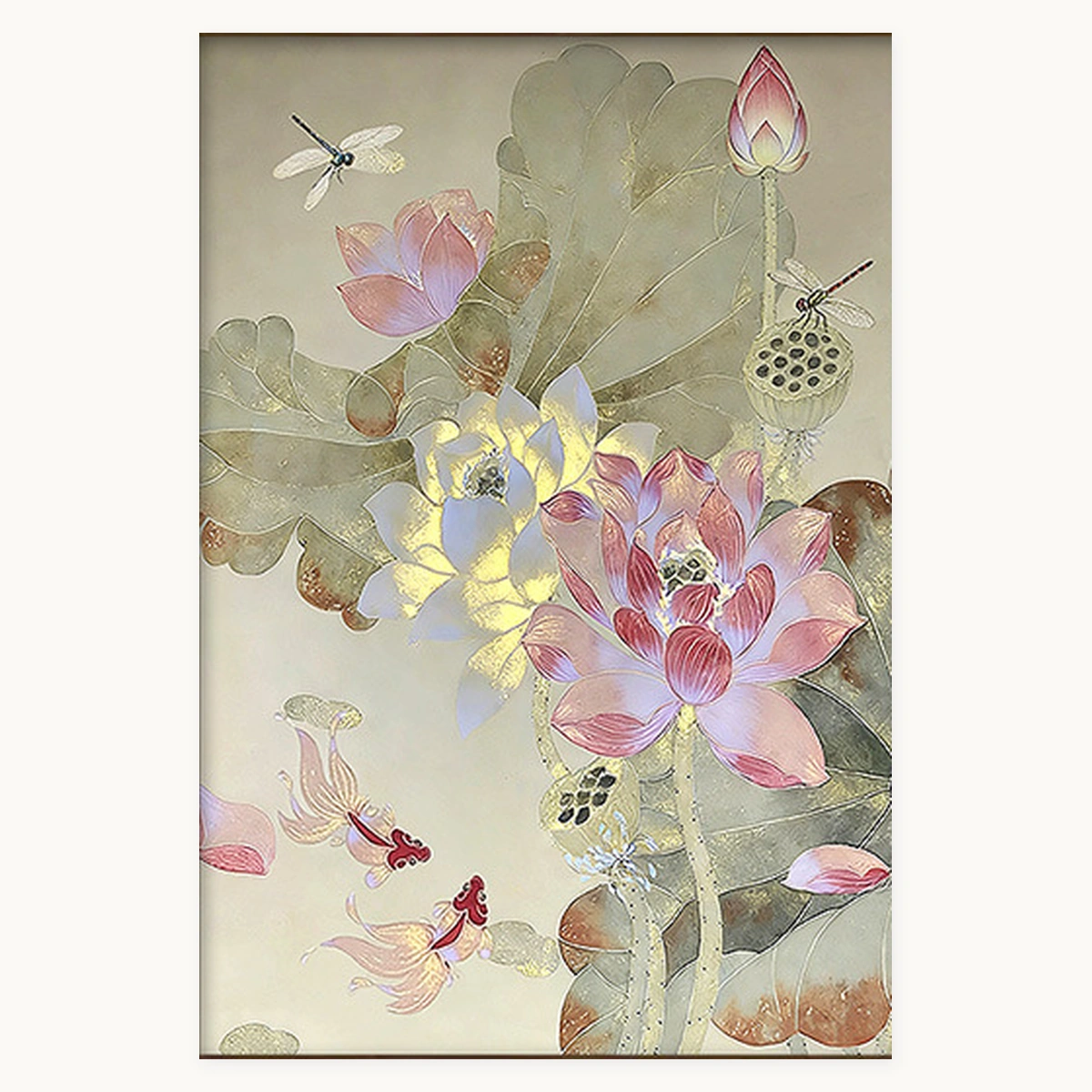 Lotus Harmony portrait oil painting with pink lotus flowers, broad leaves and fish
