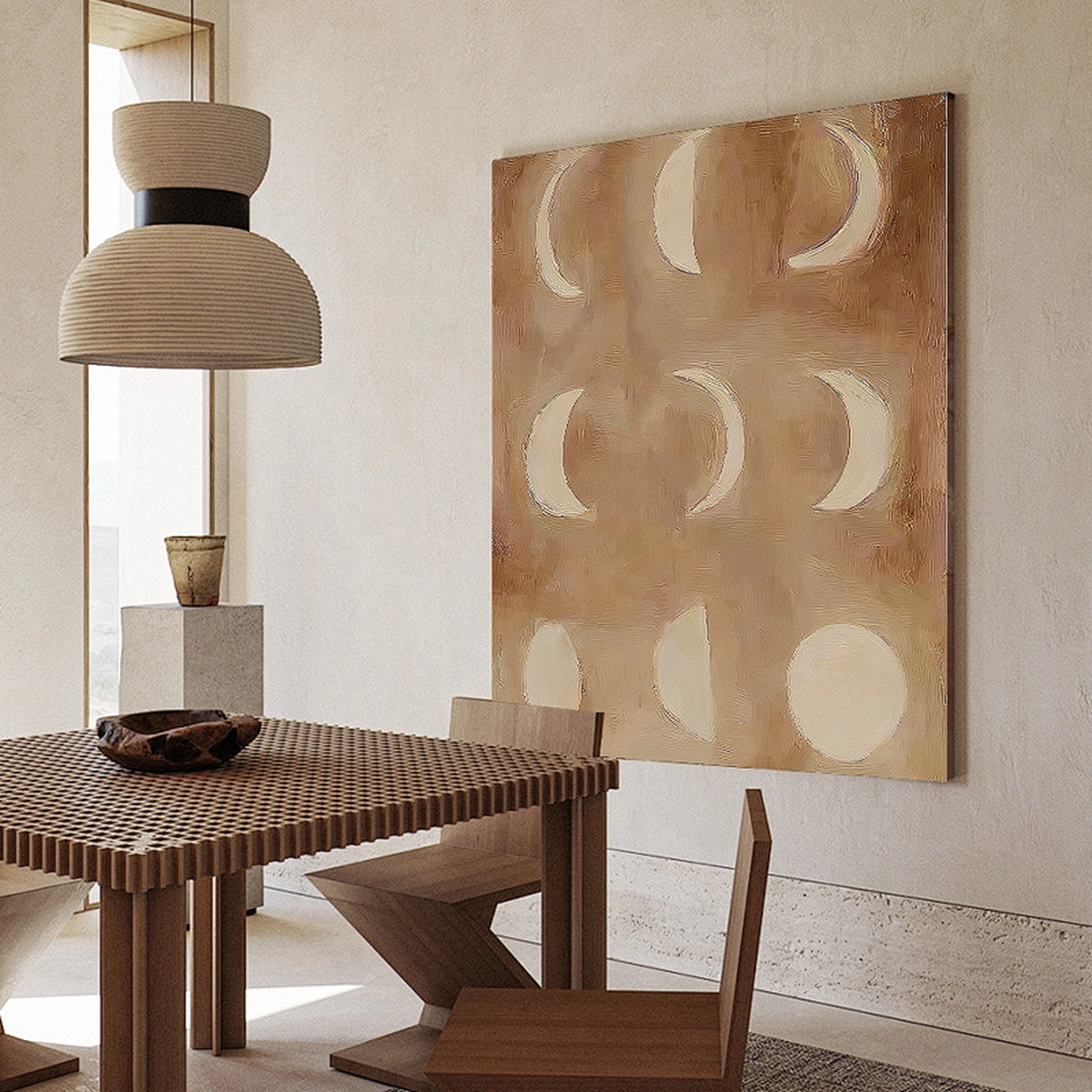 Lunar Drift textured portrait abstract painting displayed unframed in a warm dining interior