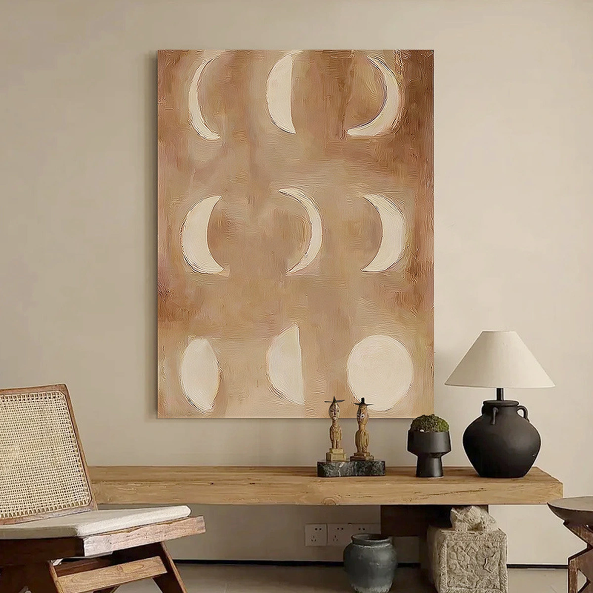 Lunar Drift moon-inspired abstract painting displayed unframed above a wood console