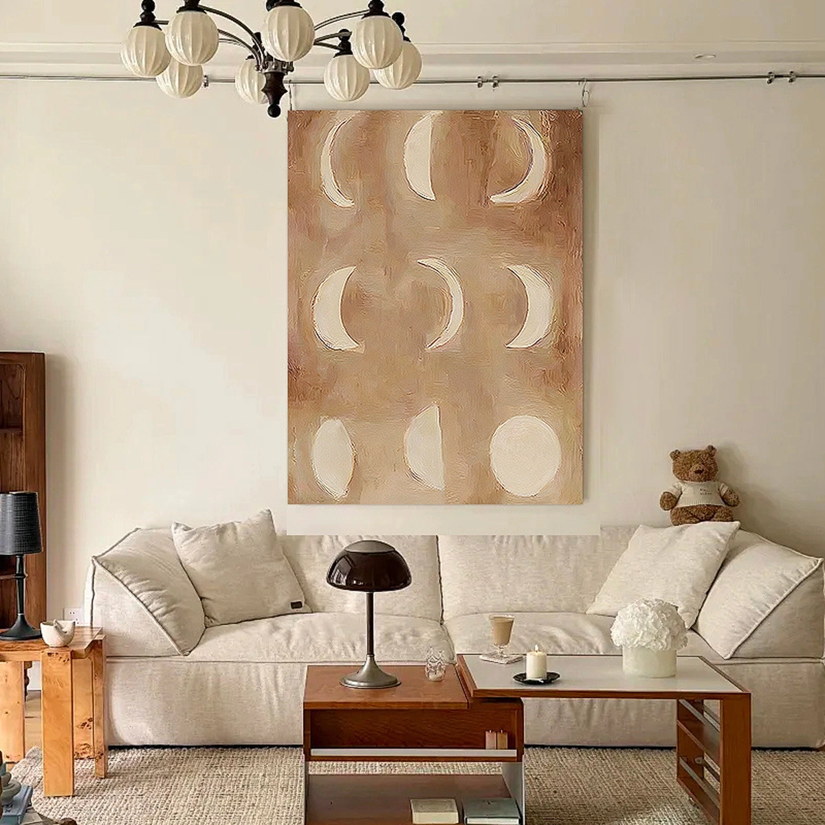 Lunar Drift textured wabi-sabi abstract painting displayed unframed above a sofa