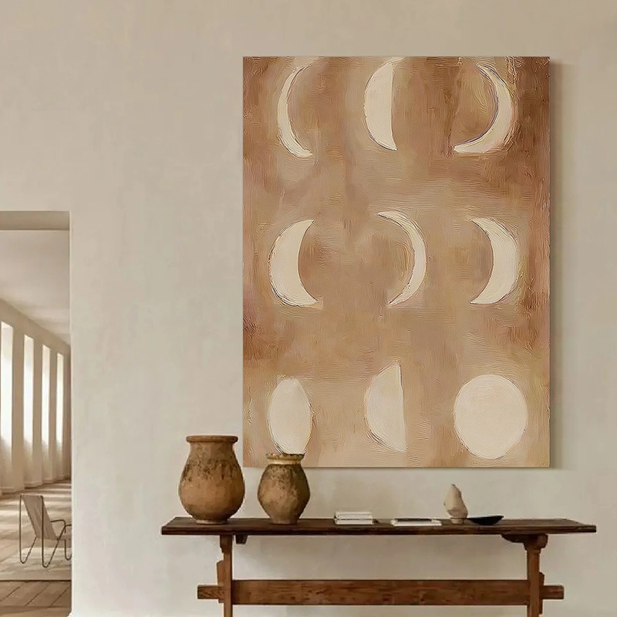 Lunar Drift hand-painted portrait abstract displayed unframed above an entryway console