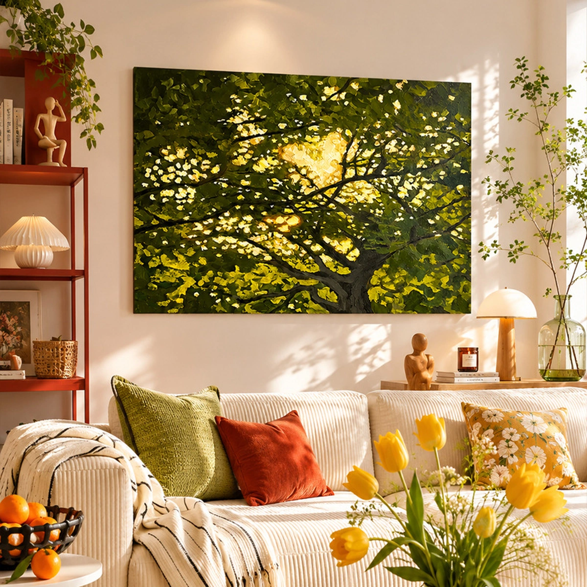 Lush Canopy textured green botanical oil painting displayed unframed in a modern living room