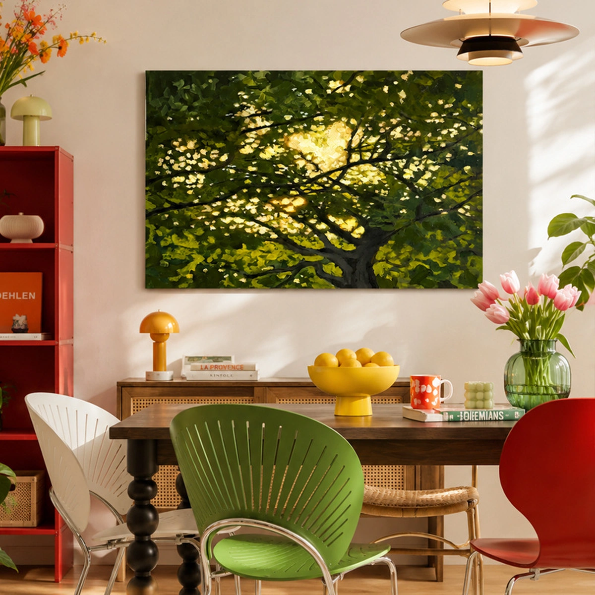 Lush Canopy textured green botanical painting displayed unframed in a bright entryway