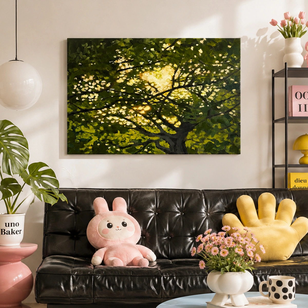 Lush Canopy textured green botanical painting displayed unframed in a contemporary dining room