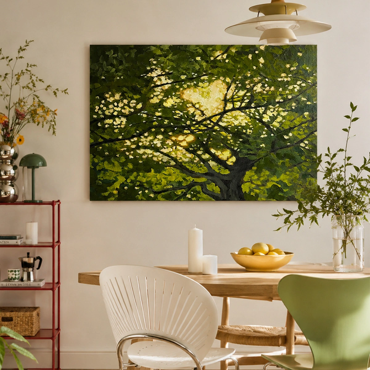 Lush Canopy textured green botanical painting displayed unframed in a quiet reading room