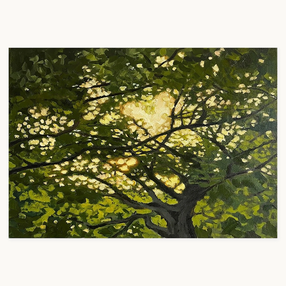 Lush Canopy horizontal hand-painted green botanical oil painting with layered branches and luminous foliage