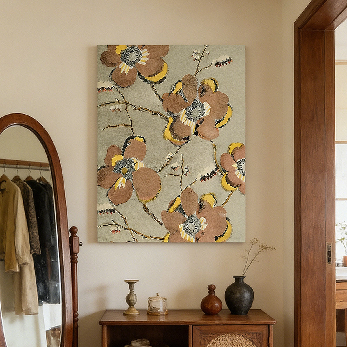 Maison Bloom portrait floral painting displayed unframed above an entryway console