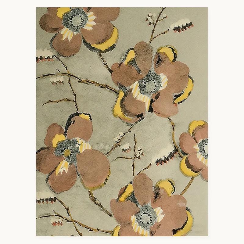 Maison Bloom portrait floral oil painting with ochre blooms on a muted grey-green ground