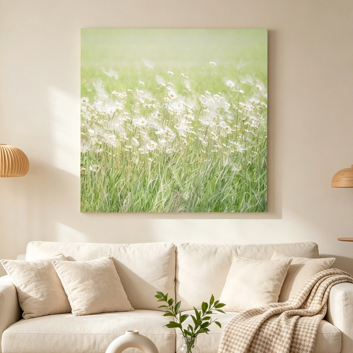 Meadow Whisper daisy painting displayed unframed above a light sofa