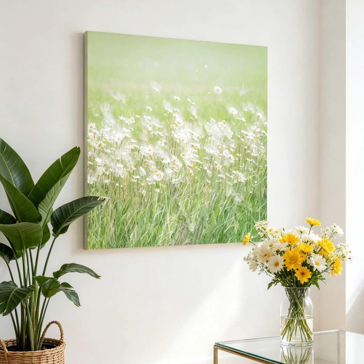 Meadow Whisper square floral painting displayed unframed beside green plants