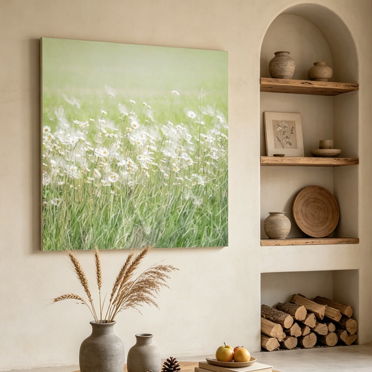 Meadow Whisper square daisy painting displayed unframed beside recessed shelves