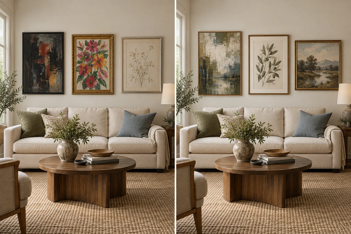 Editorial comparison of the same living room with a random art arrangement and a cohesive mixed-style arrangement