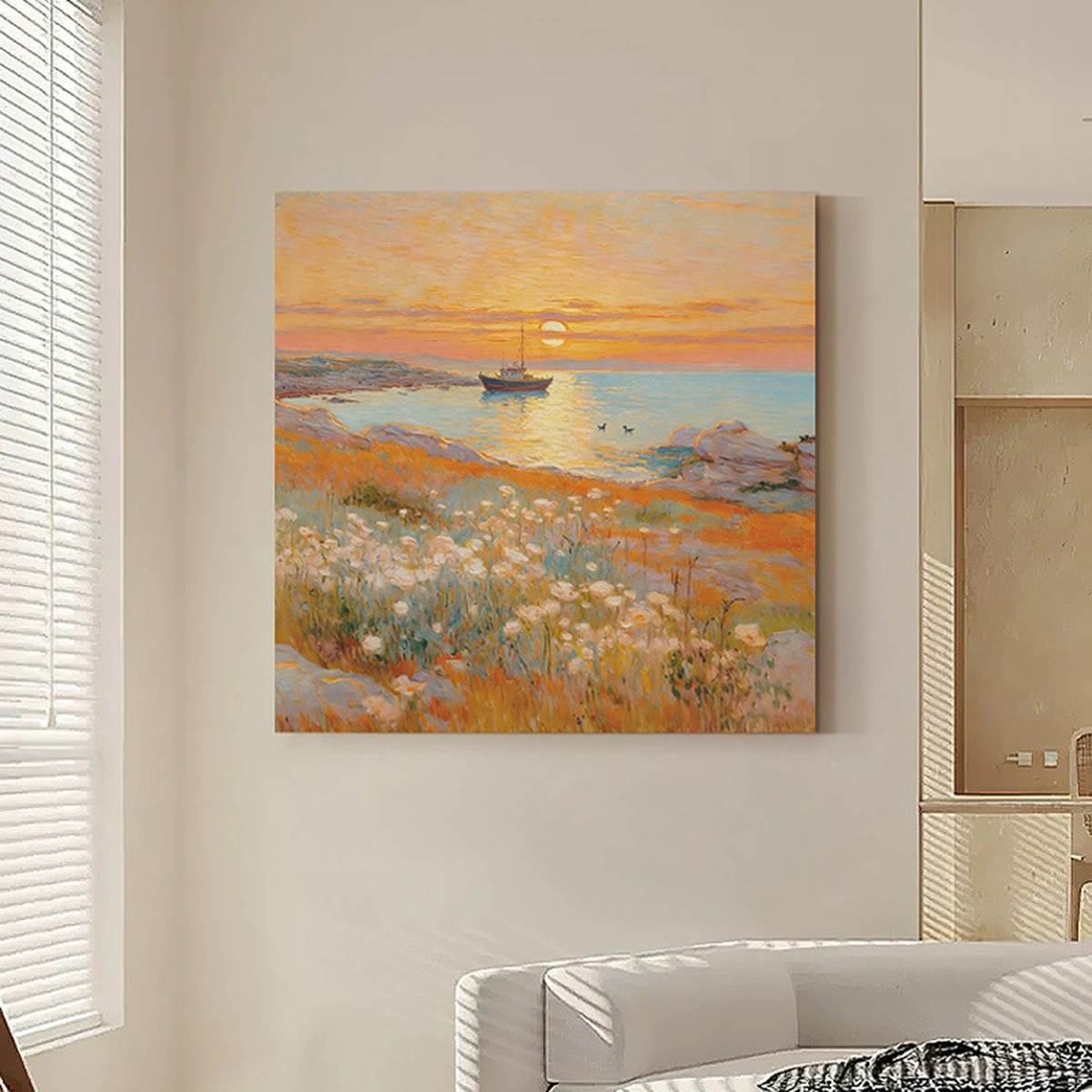 Morning Horizon seascape oil painting displayed in a light living space