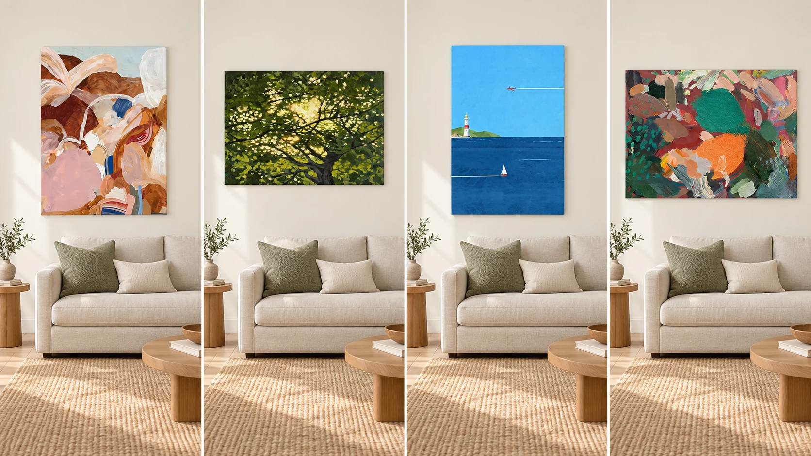 Four versions of the same neutral living room showing earthy, botanical, blue landscape and colorful abstract artwork
