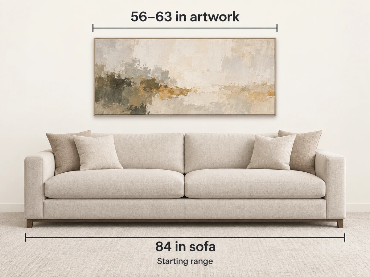 Diagram showing a 56–63 inch artwork starting range above an 84 inch sofa