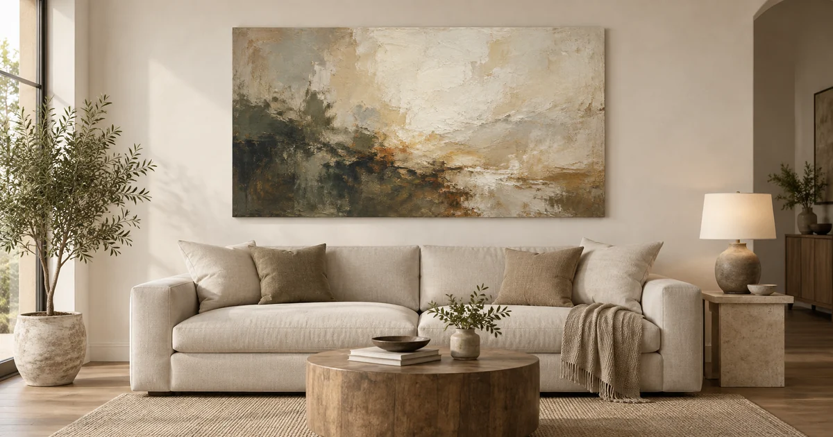 Oil painting shown above a neutral living room sofa to demonstrate artwork scale