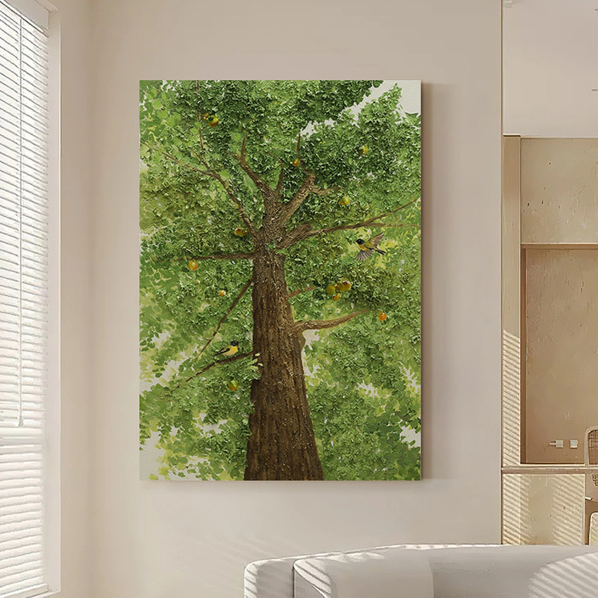 Organic Rhythm tree painting displayed unframed in a bright living room