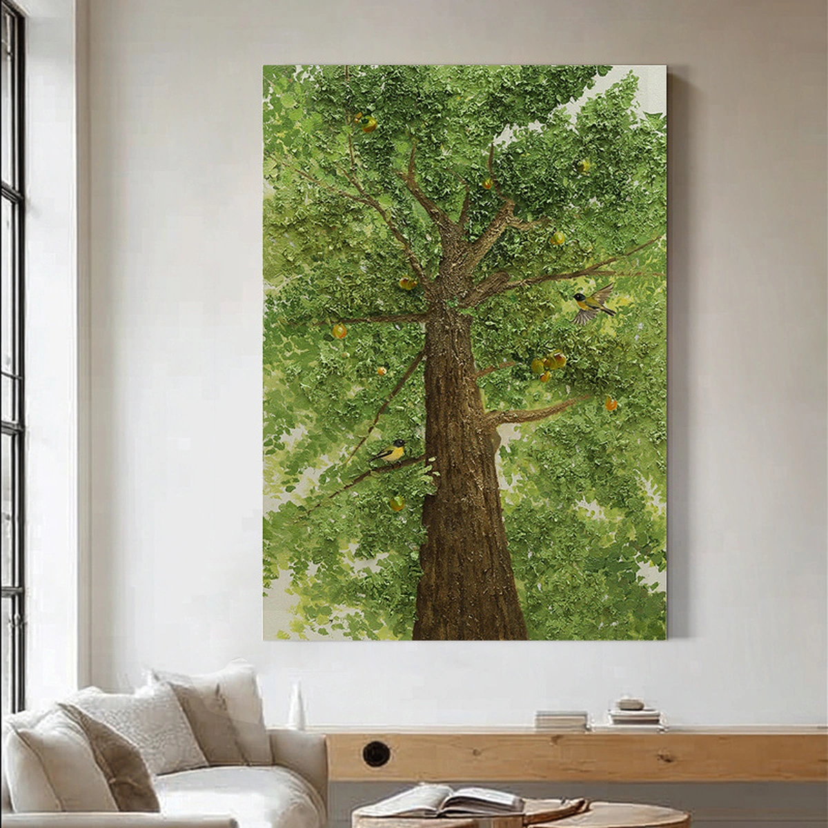 Organic Rhythm botanical tree painting displayed unframed beside a lounge chair