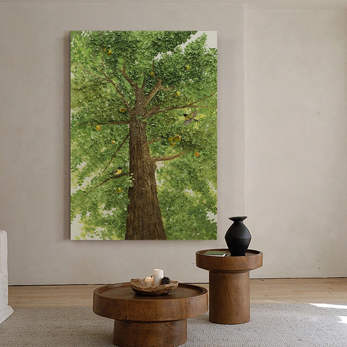 Organic Rhythm hand-painted tree painting displayed unframed above low tables