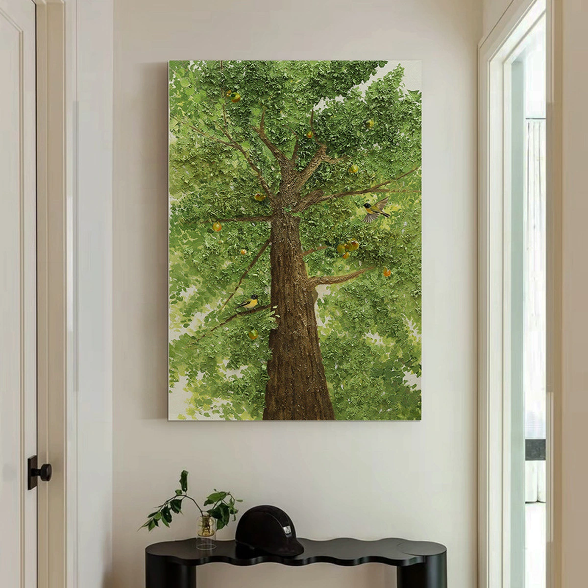 Organic Rhythm portrait tree painting displayed unframed above a console