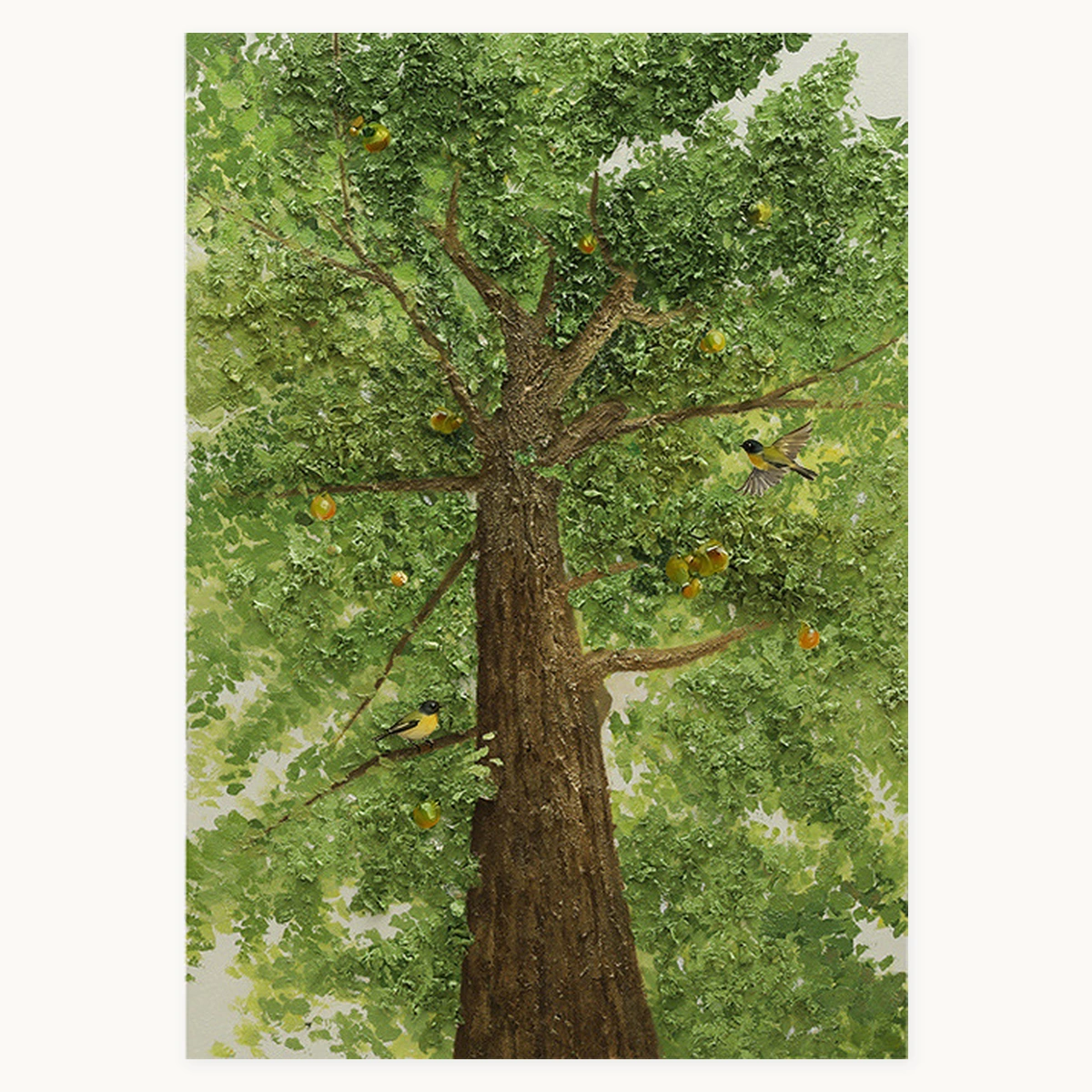 Organic Rhythm portrait oil painting of a leafy tree with small birds