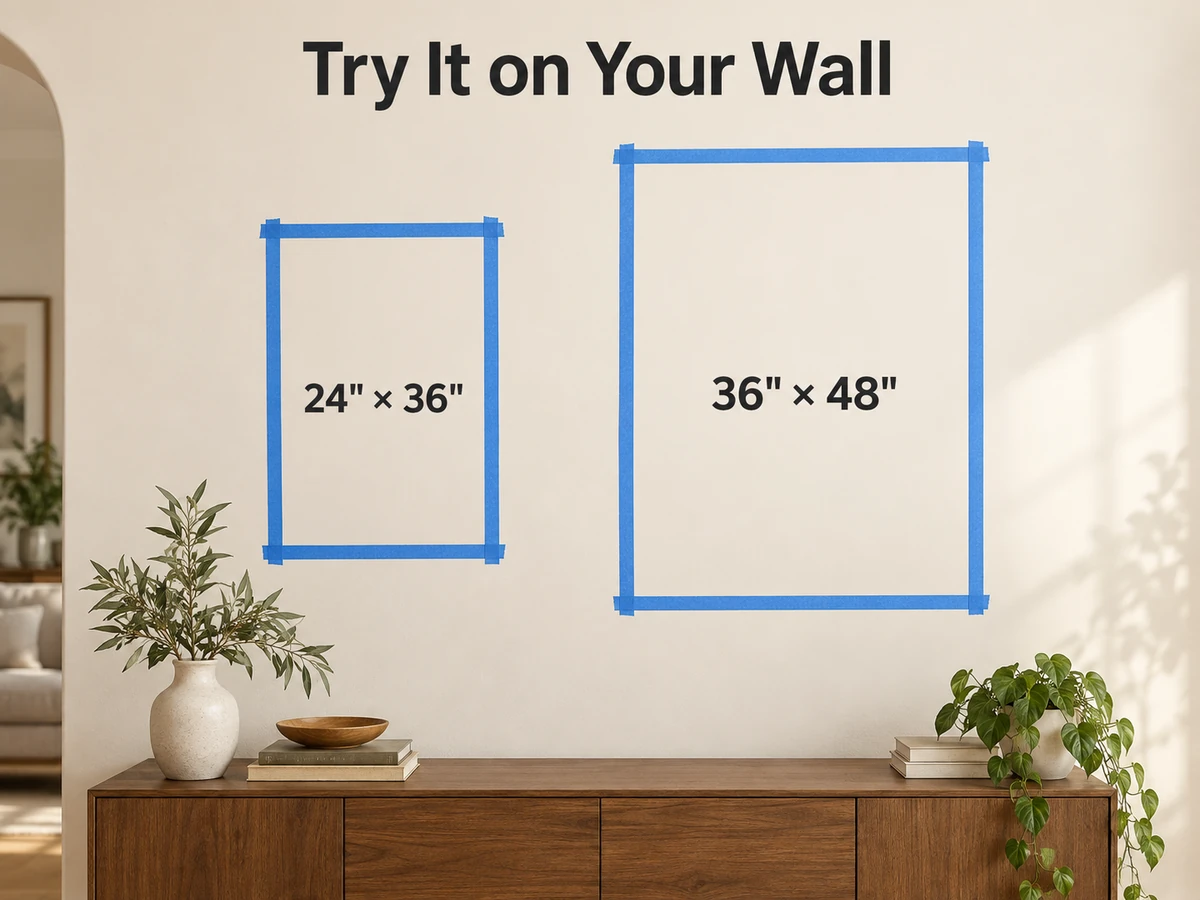 Painter's tape outlines comparing 24 by 36 inch and 36 by 48 inch artwork sizes on a wall