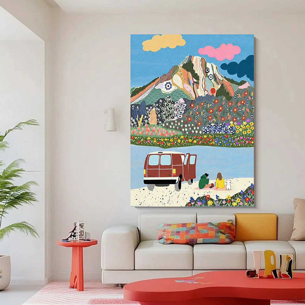 Picnic Rhythm colourful abstract oil painting displayed unframed in a bright lounge