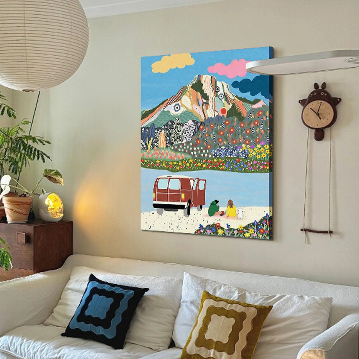 Picnic Rhythm colourful abstract oil painting displayed unframed in a relaxed sitting room