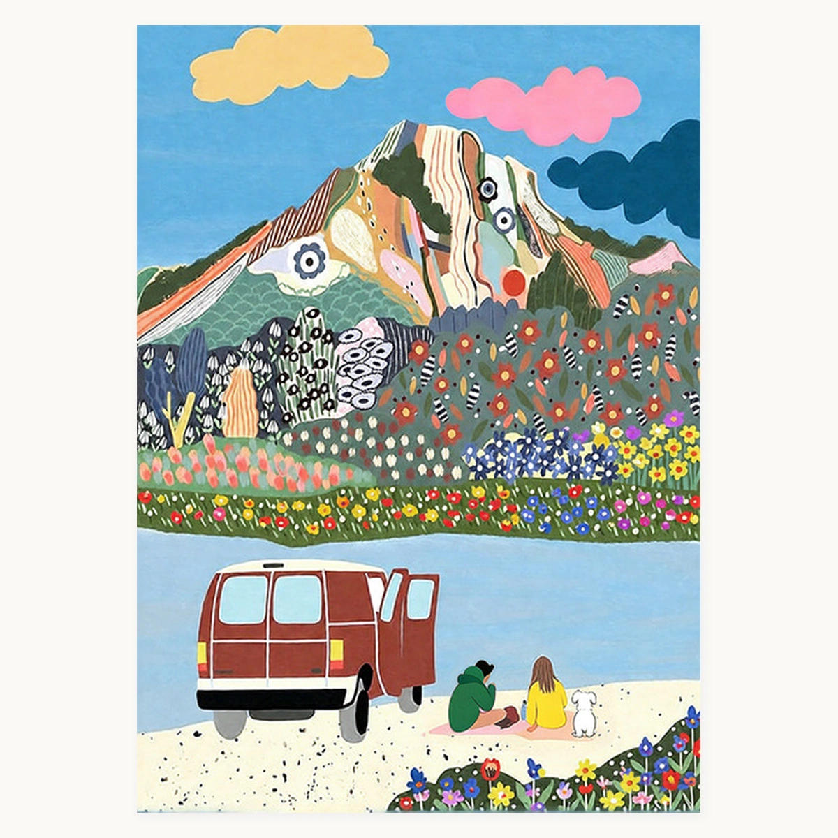 Picnic Rhythm portrait abstract oil painting with a mountain, flowers, red vehicle, seated figures and white dog