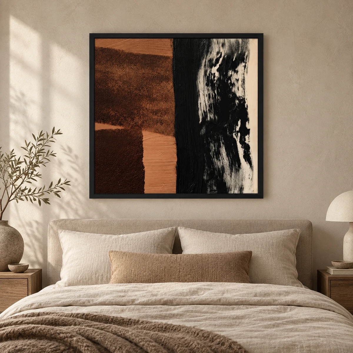 Quiet Earth hand-painted abstract artwork in a black PS frame above a bed