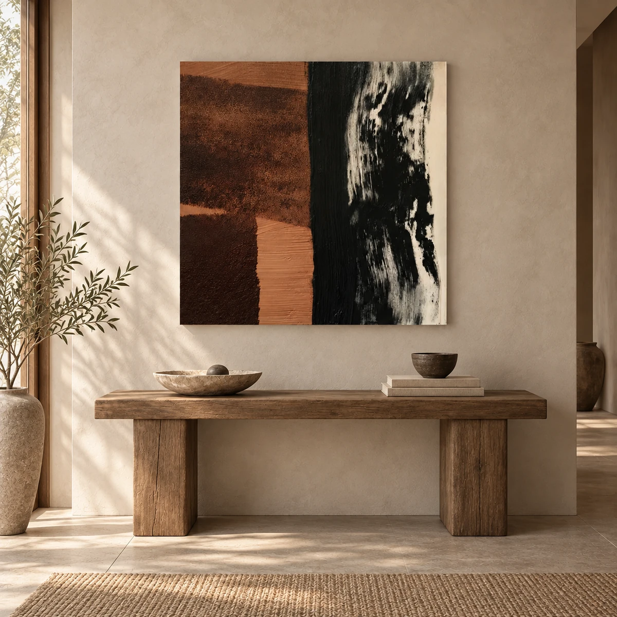 Quiet Earth hand-painted abstract canvas artwork unframed above a wood console